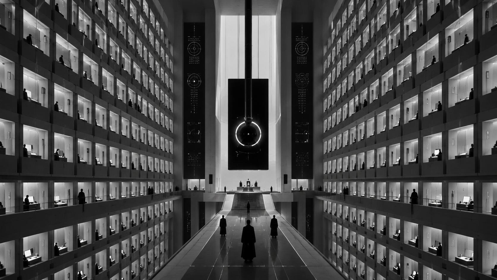 A vast black-and-white institutional atrium lined with occupied work cells around a central processional hall and suspended machine.