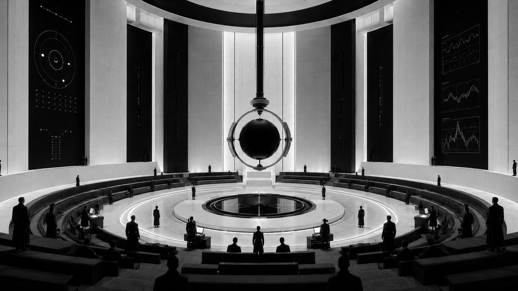 A circular black-and-white tribunal chamber with concentric seating, operators at terminals, a suspended black sphere held within a metal ring, and large diagnostic charts on the walls.