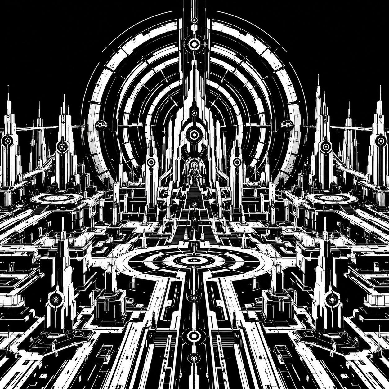 A dense black-and-white temple city composed of concentric rings, target motifs, pylons, platforms, and tightly packed architectural machinery.