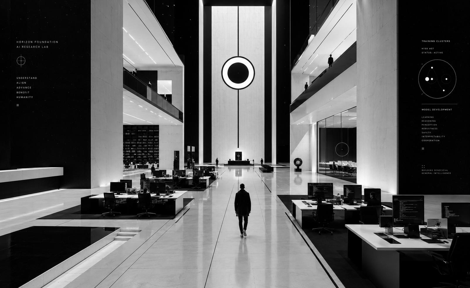 A monumental black-and-white AI research office with occupied desks beneath a towering computer wall and circular system aperture.