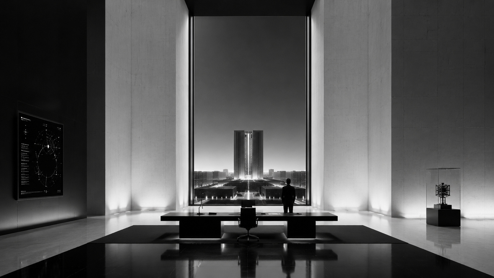 A monumental black-and-white office with a lone figure behind a severe desk before a huge window overlooking a symmetrical campus and central tower, with a diagnostic screen on the left and a small mechanism in a glass case on the right.