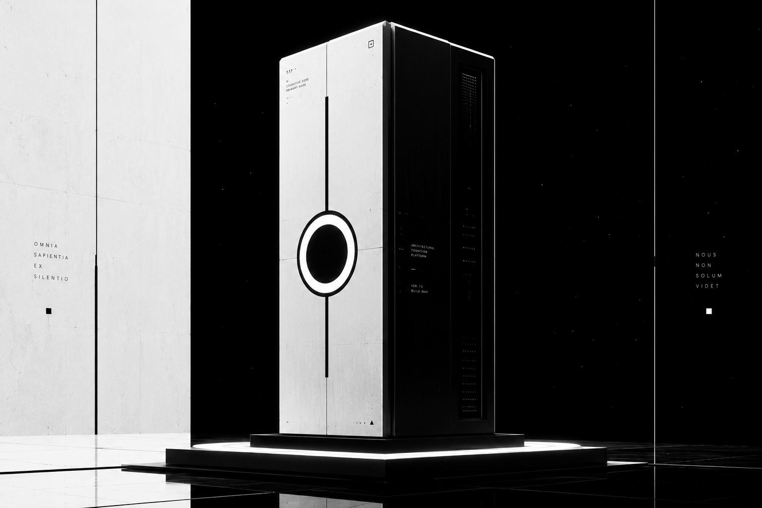 A severe black-and-white monolithic computer on a luminous plinth, with a white-ringed circular status aperture bisected by a vertical black structural line and sparse technical lettering against a starfield.