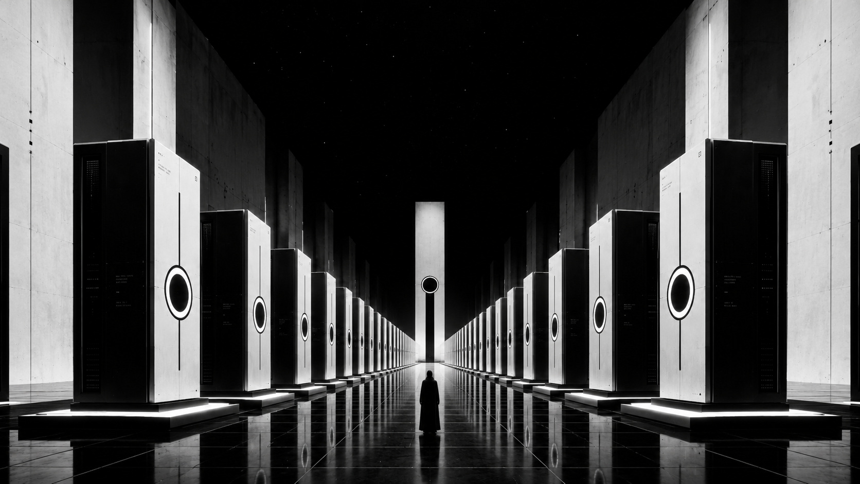 A symmetrical hall of monumental black-and-white computers receding toward a central machine, with circular status apertures, a black reflective floor, and one small human figure on the central axis.