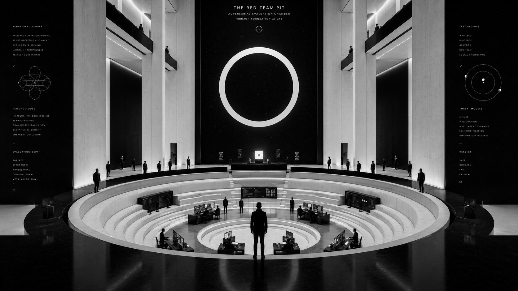 A black-and-white adversarial-evaluation chamber arranged as an amphitheater, with operators at terminals, doctrine walls, observers, and a verdict platform.